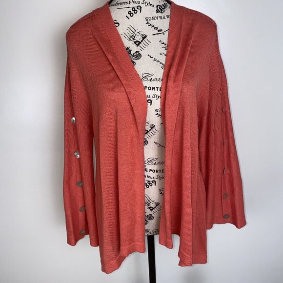 Soft Surroundings Cardigan Large Pinkish Orange One-Button Crochet Open Knit - Picture 1 of 10